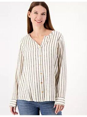 Denim & Co. Natural Linen Blend Shirt Button Down Printed Tan Stripe S A596287